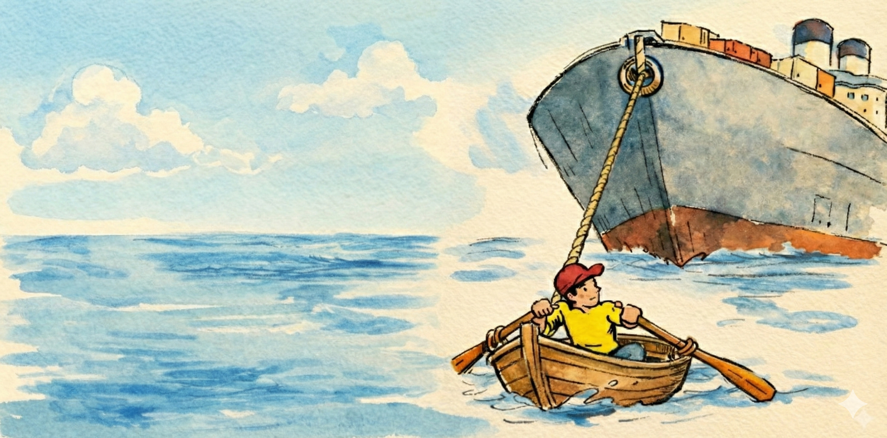 Agency founder rowing a small boat while towing a massive cargo ship