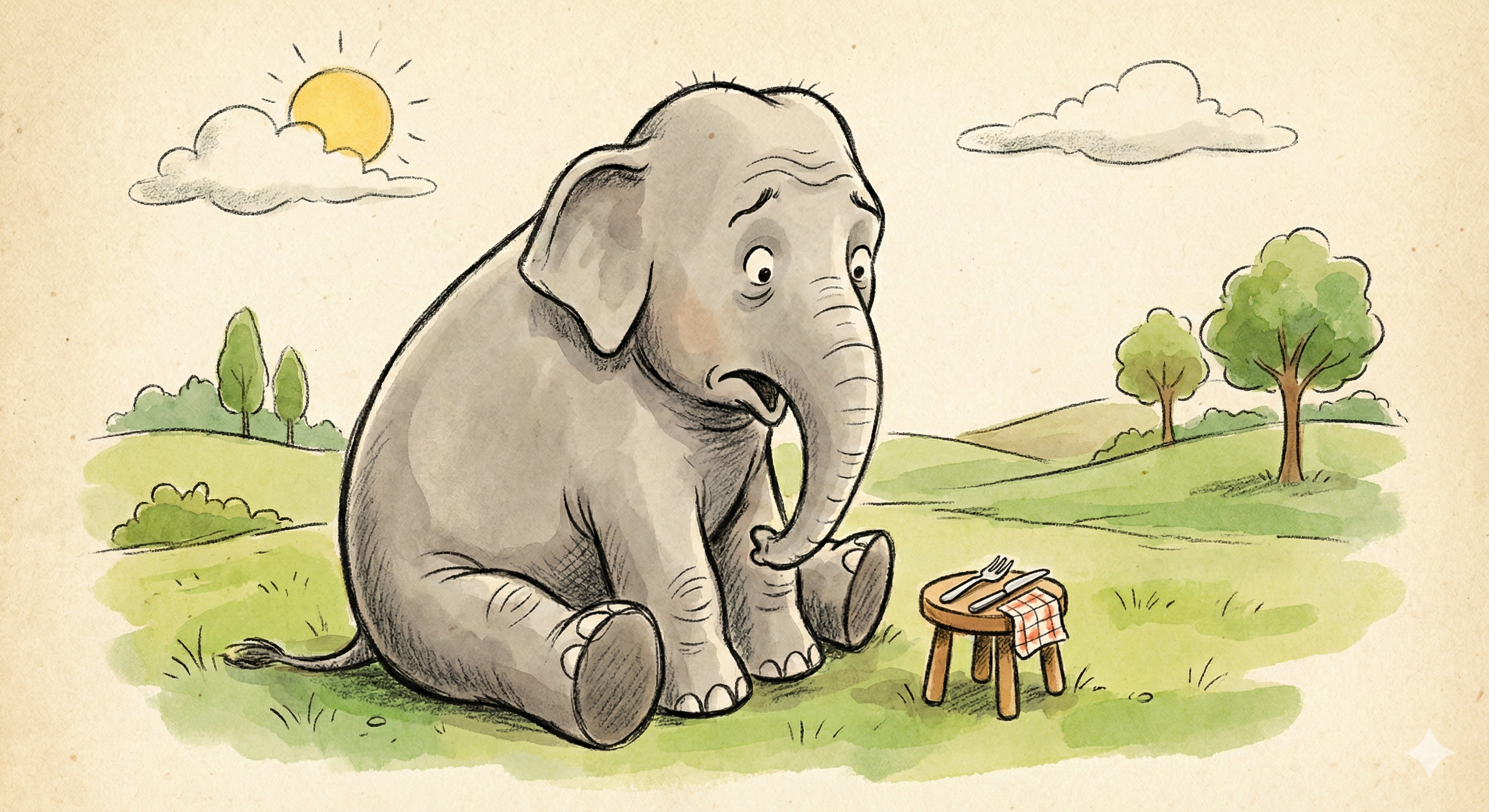 "Cartoon of an elephant sitting before a tiny stool with a fork and knife — illustrating the idea of eating an elephant one bite at a time."